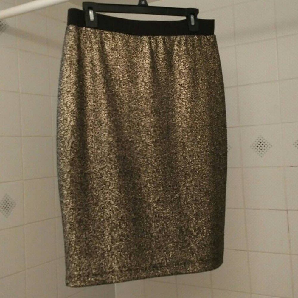 NY Collection Gold Sparkle Pull-on Stretch Pencil Skirt, M
